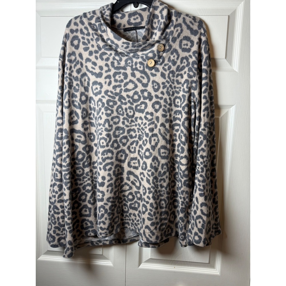Chris & Carol Leopard Print Cowl Neck Button Top Women's 2XL